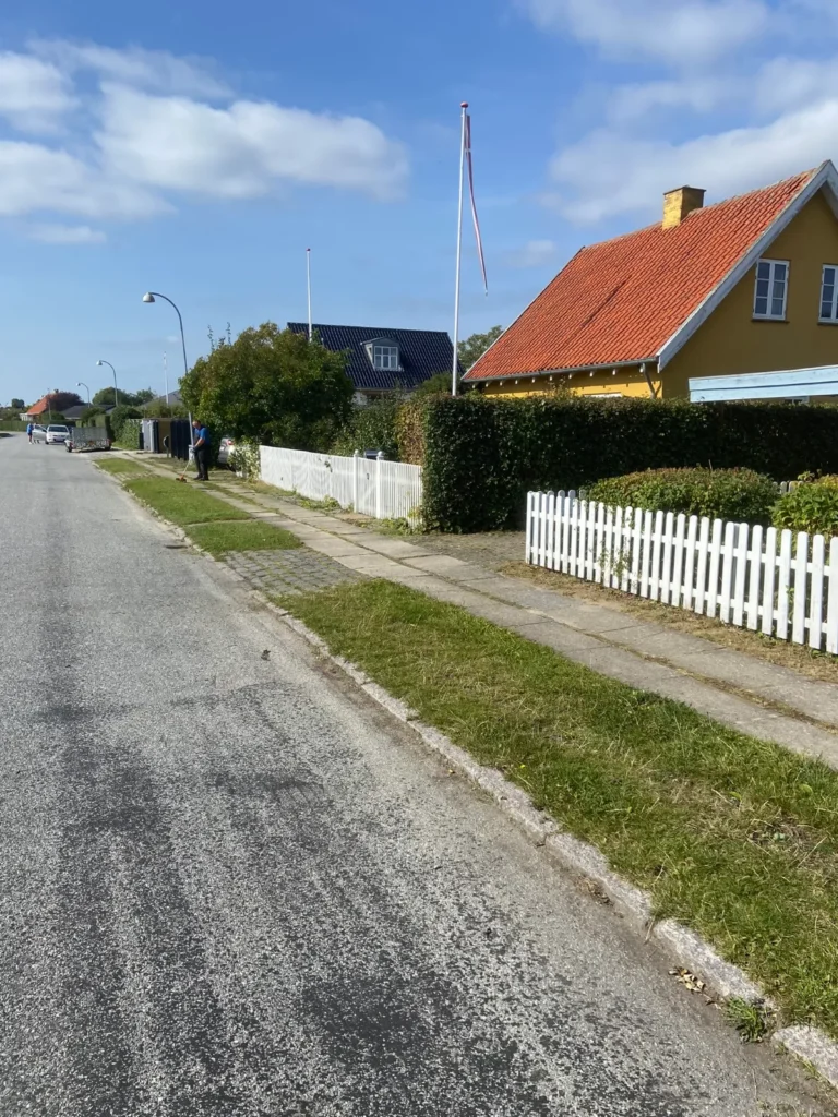 Villavej med klippet hæk og hvidt stakit