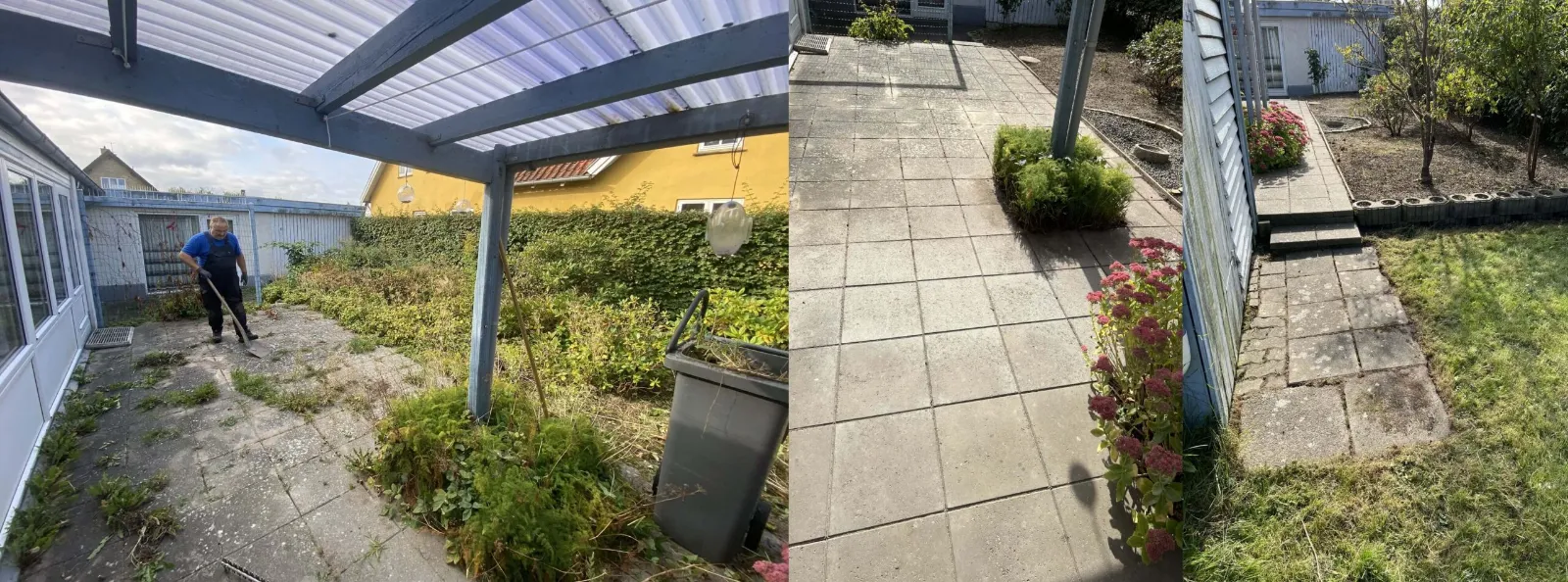 Før og efter: terrasse og flisegang ryddet for ukrudt