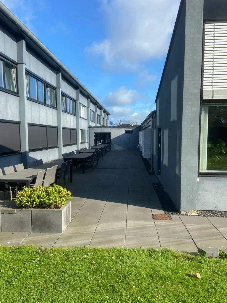 Græs og flisegang ved erhvervsbygning