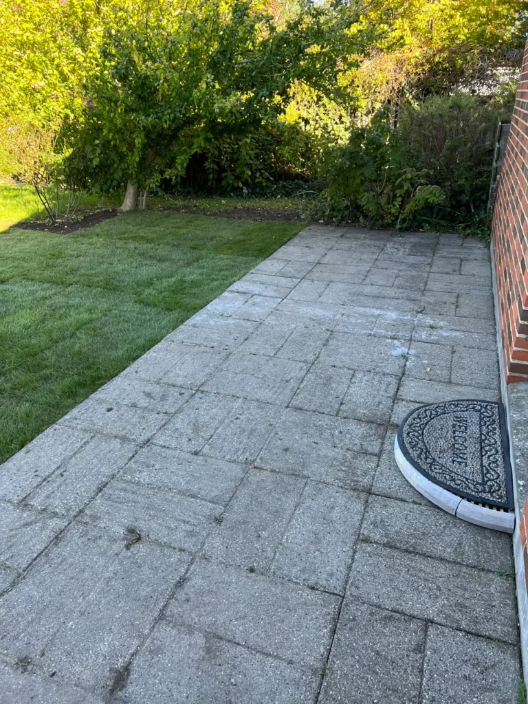 Flisegang ved græsplæne efter rengøring