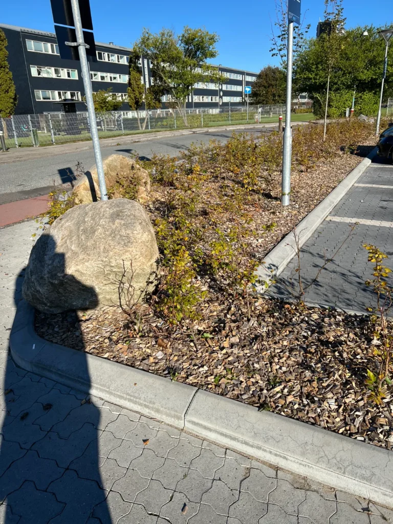 Bed med sten langs parkeringsplads efter oprydning